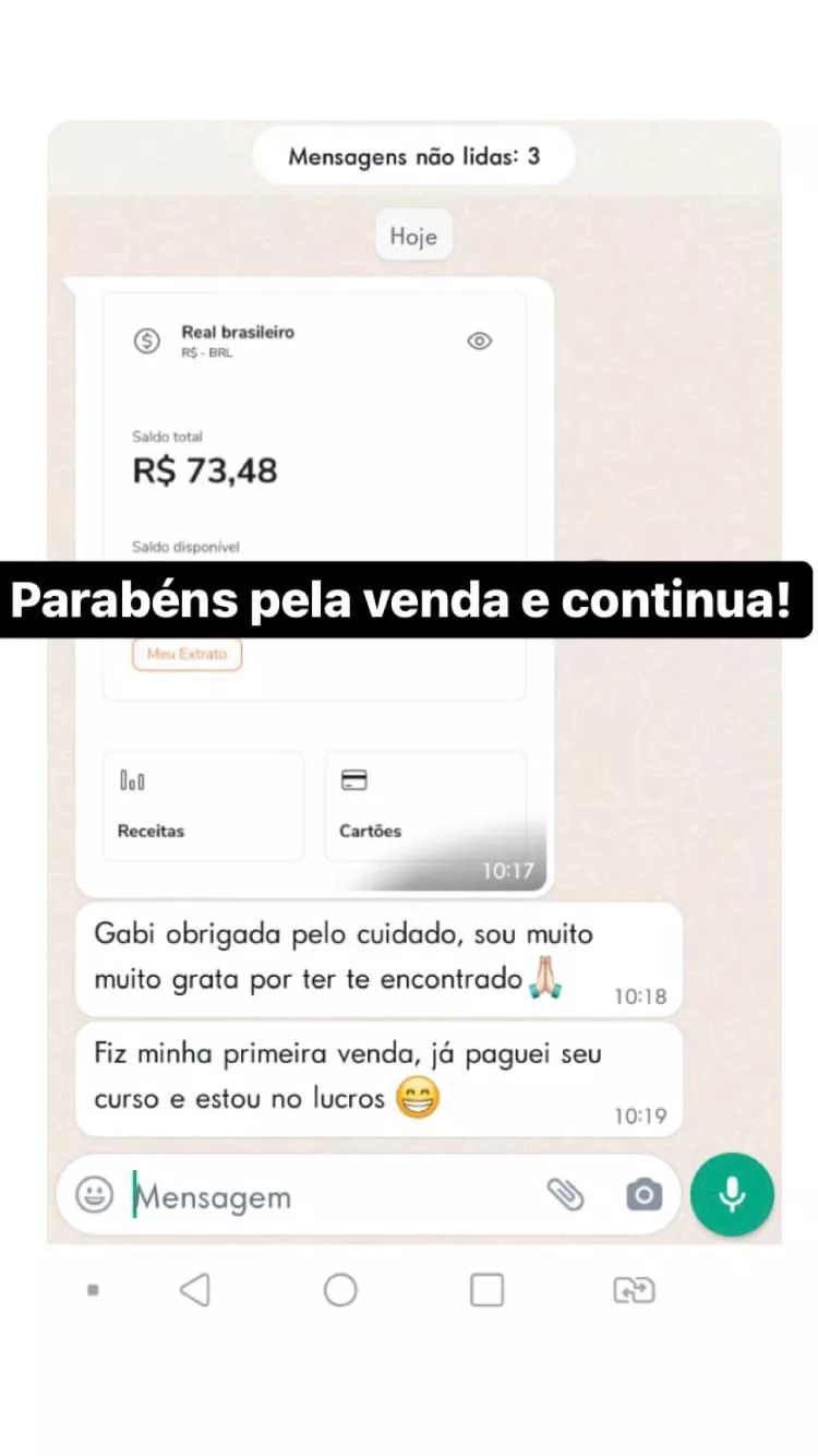 Depoimento de aluna após sua primeira venda