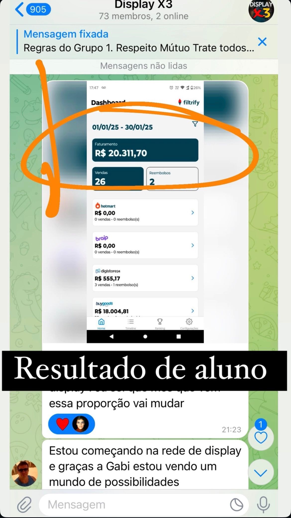 Resultado de aluno com faturamento