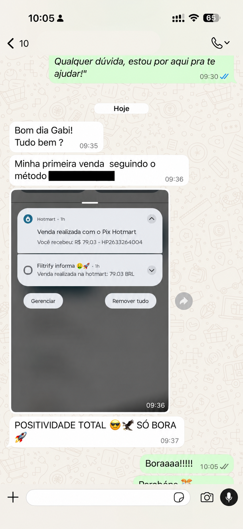 Relato anonimizado de primeira venda de aluno no valor de 79 reais e 3 centavos